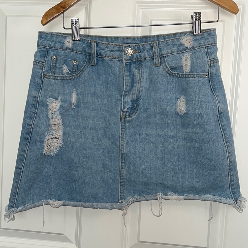 Distressed Denim Skirt.